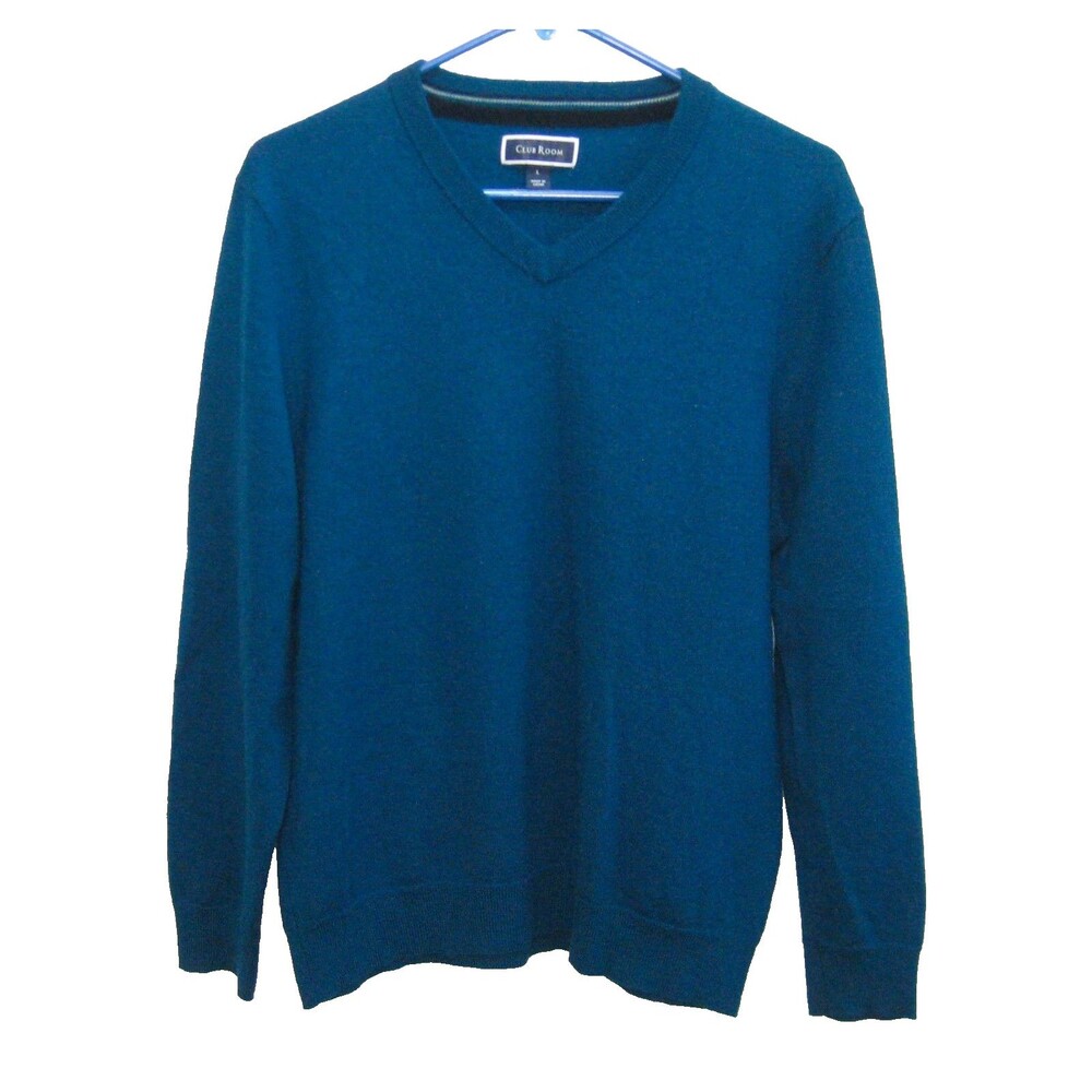 Club Room Wool Blend Sweater Womens Large Blue Solid V-Neck Long Sleeve Pullover